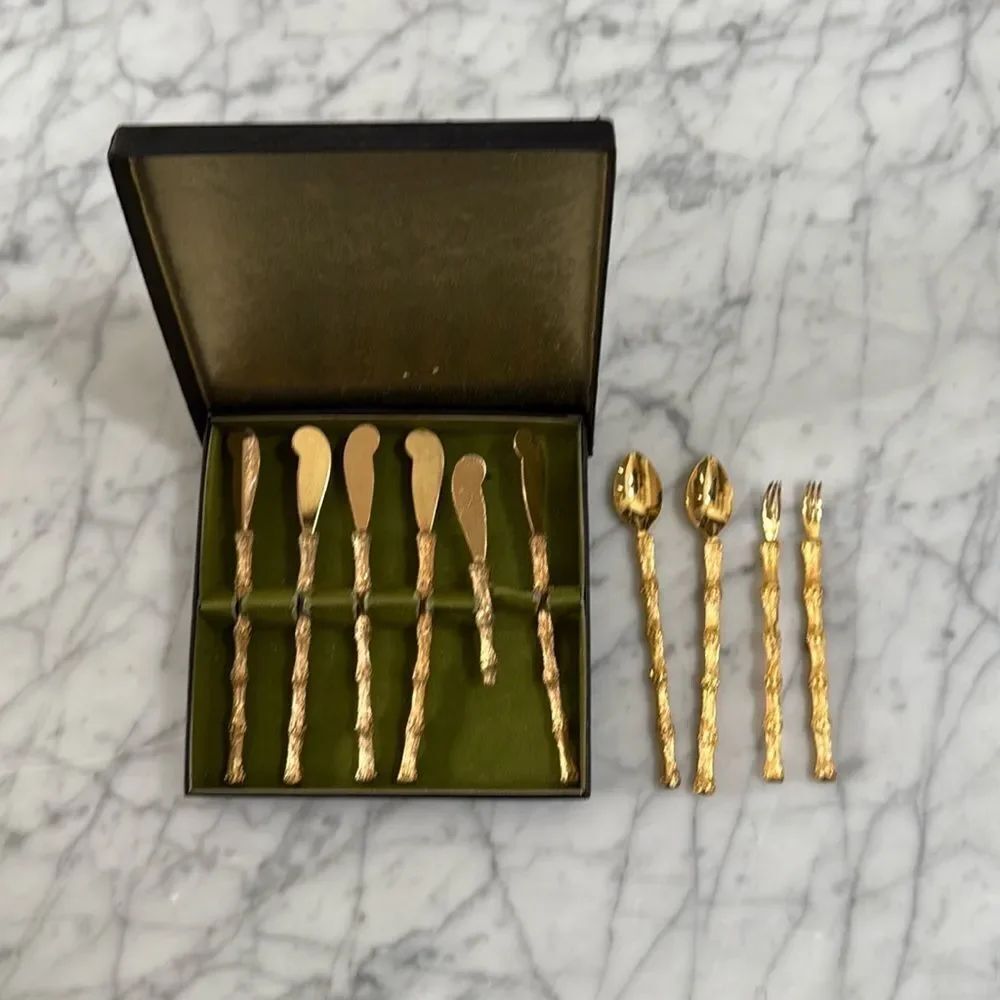 1950s Gold 24K Plated H'ordourvers Appetizer Cocktail Forks- Set of 10